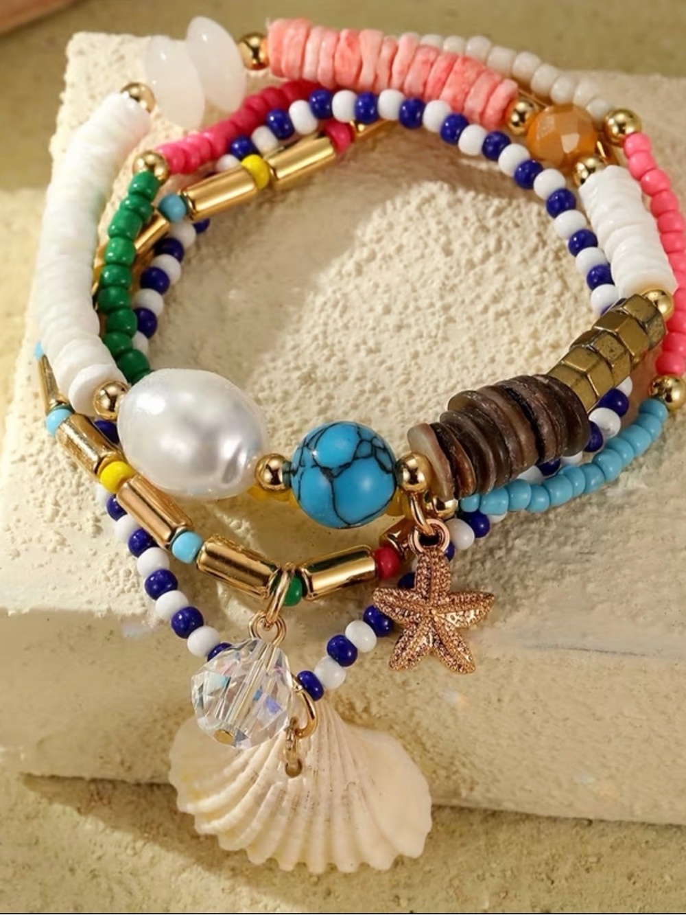 Colorful & Stretchy Beach Themed Beaded Bracelet Set with Shell Charm
